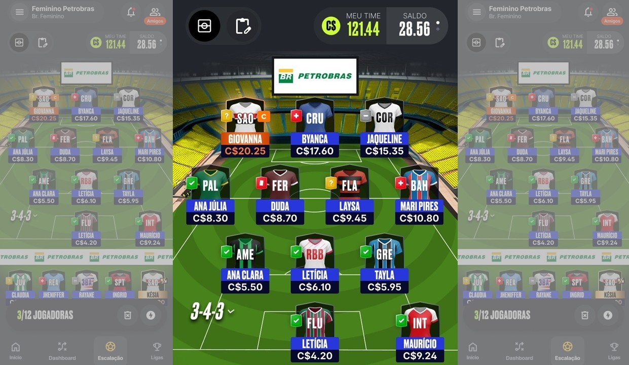 Reprodução da tela do app do Cartola Feminino Petrobras